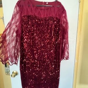 Party dress rich ruby color sequins and sheer print sleeves and neckline
